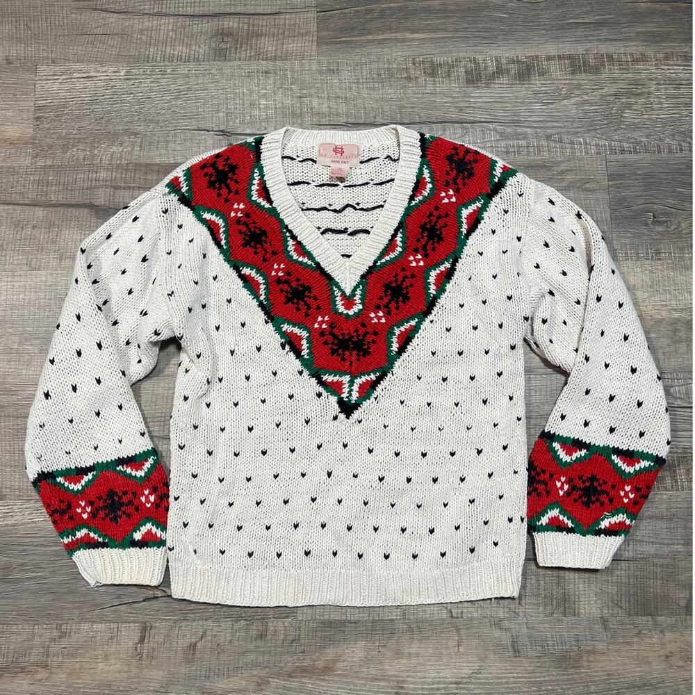 HG Preferred Hand Knit Birds Eye Heart Print Vintage‎ Linen Sweater Academia